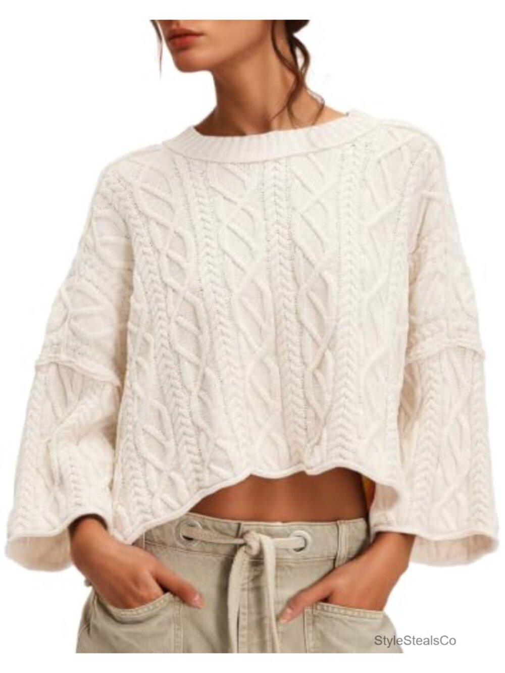 Womens Cable Knit Cropped Sweater Oversized Long Sleeve Pullover Fall